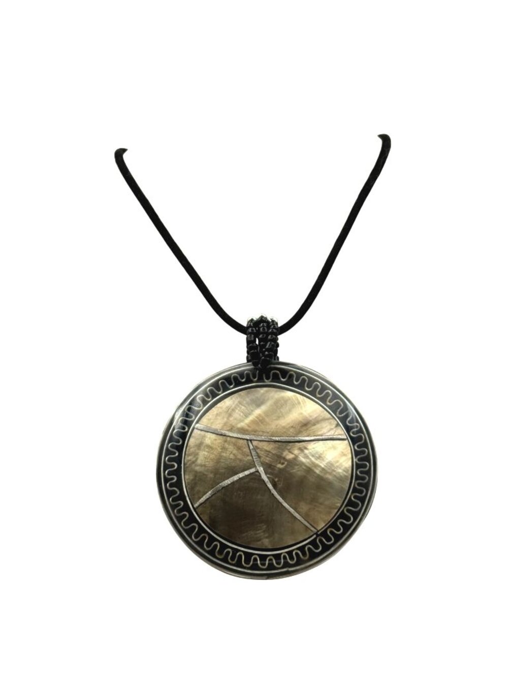 Sterling Mother of Pearl Black Onyx Inlay Shell Pendant Necklace Cord Statement